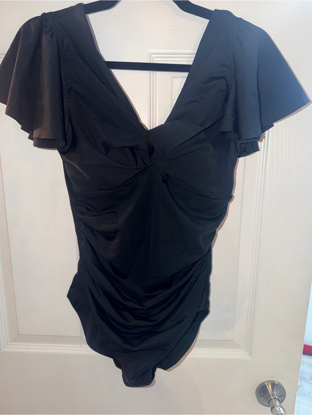 Black Twist-Front Flutter Sleeves Corset Back One Piece Bathing Swim Suit